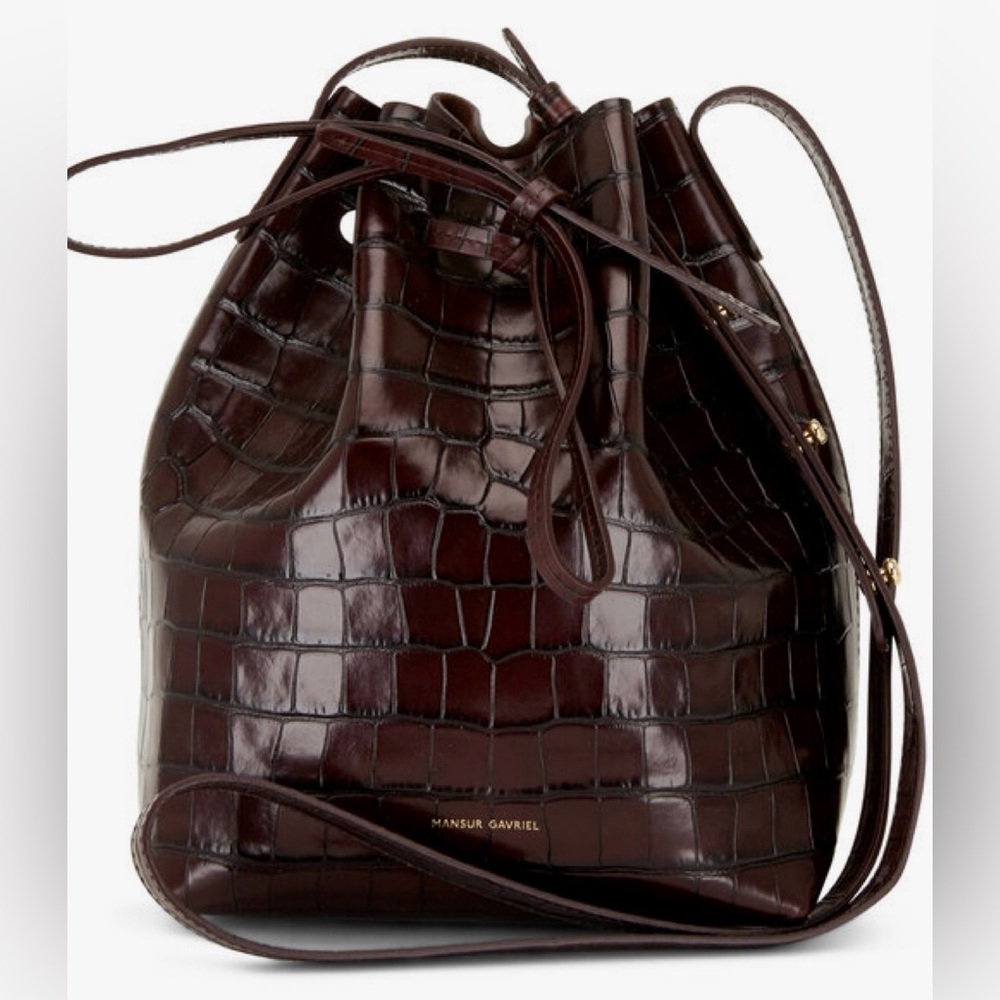 Mansur Gavriel Dark Brown Croc Embossed Leather Mini Bucket Bag